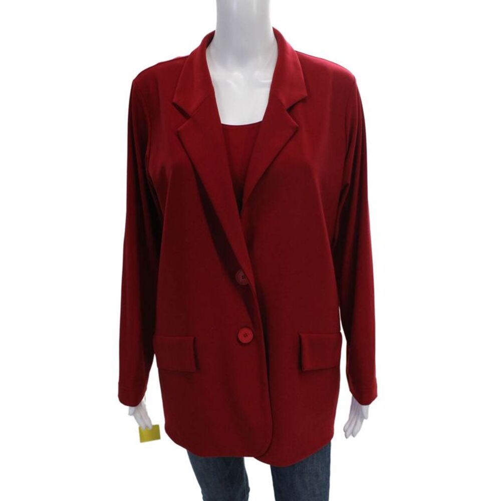 Sympli Women Collared Red Top Set Button Polyester Long Sleeve Size 12